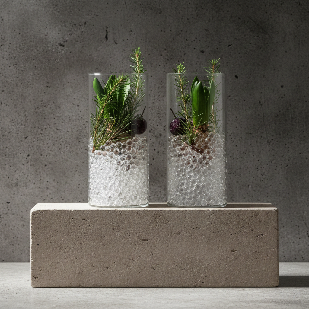two high cylindrical vases with hanataba water pearls and hyacint christmas decoration