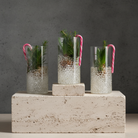 Three glass vases with plants and candy canes on a concrete block against a gray background