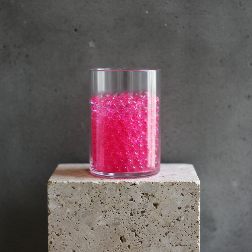 Clear glass filled with pink beads on a concrete block against a gray background