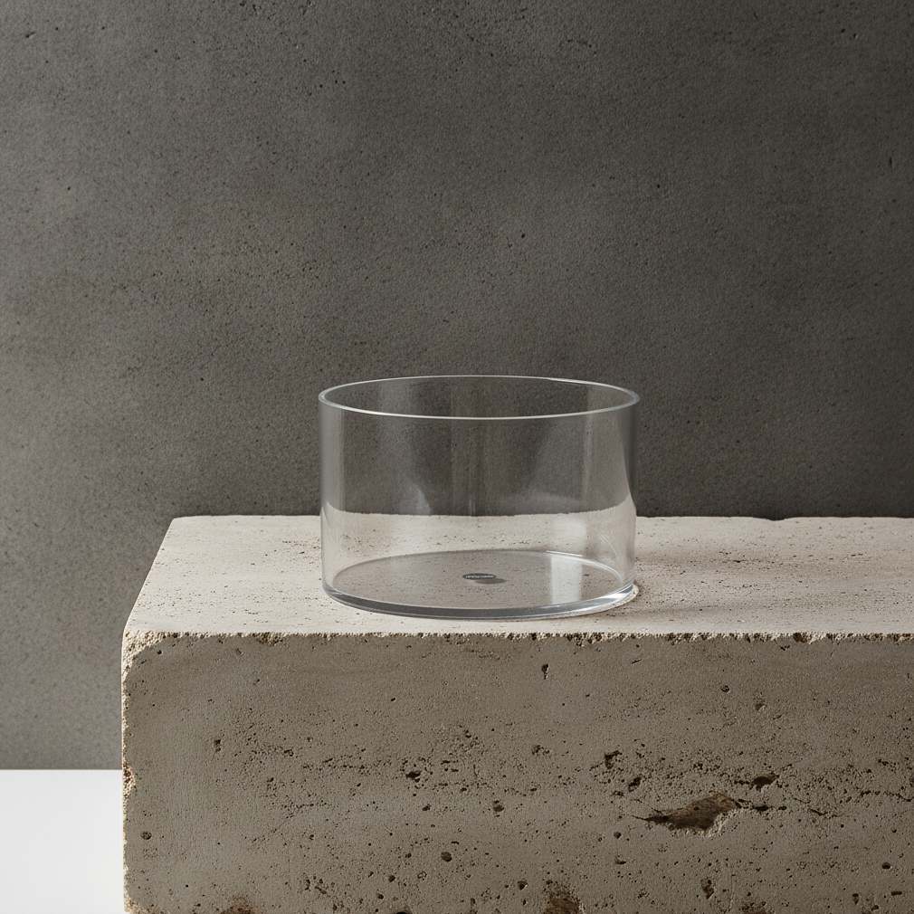 A clear cylindrical glass, resting on a textured concrete block against a dark gray concrete wall.