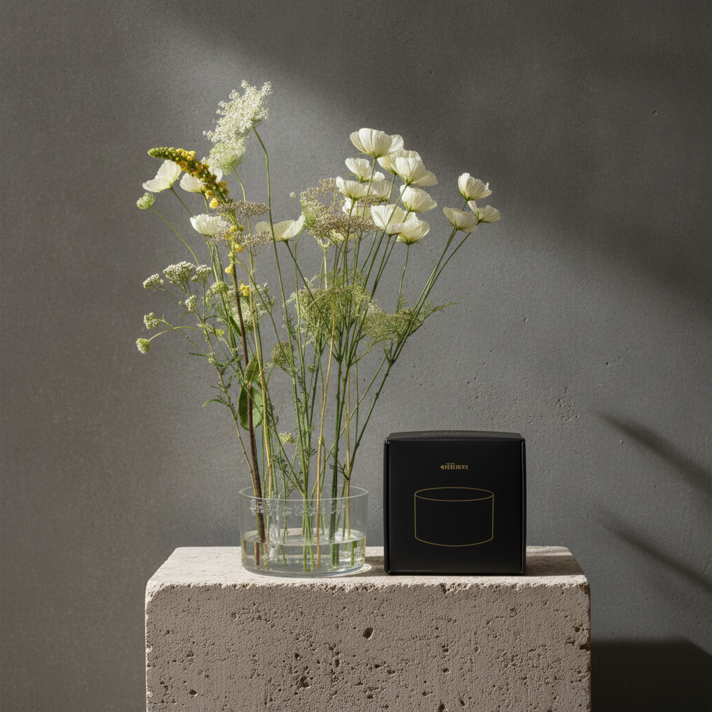 A black square box with gold lettering sits on a textured stone pedestal next to a clear glass vase filled with white and yellow wildflowers, set against a dark gray wall with dramatic shadows.