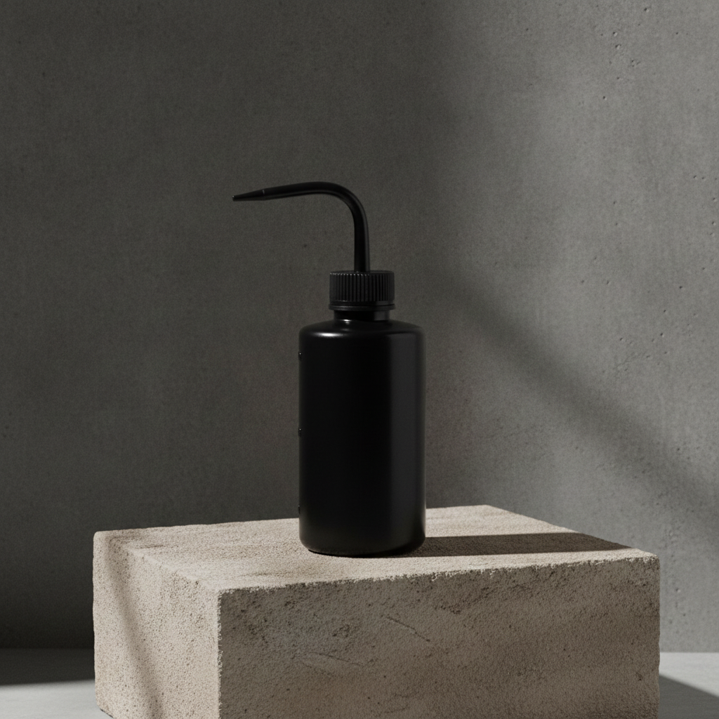 A black plastic bottle with a curved, angled spout, resting on a textured light gray concrete pedestal against a dark gray concrete wall.