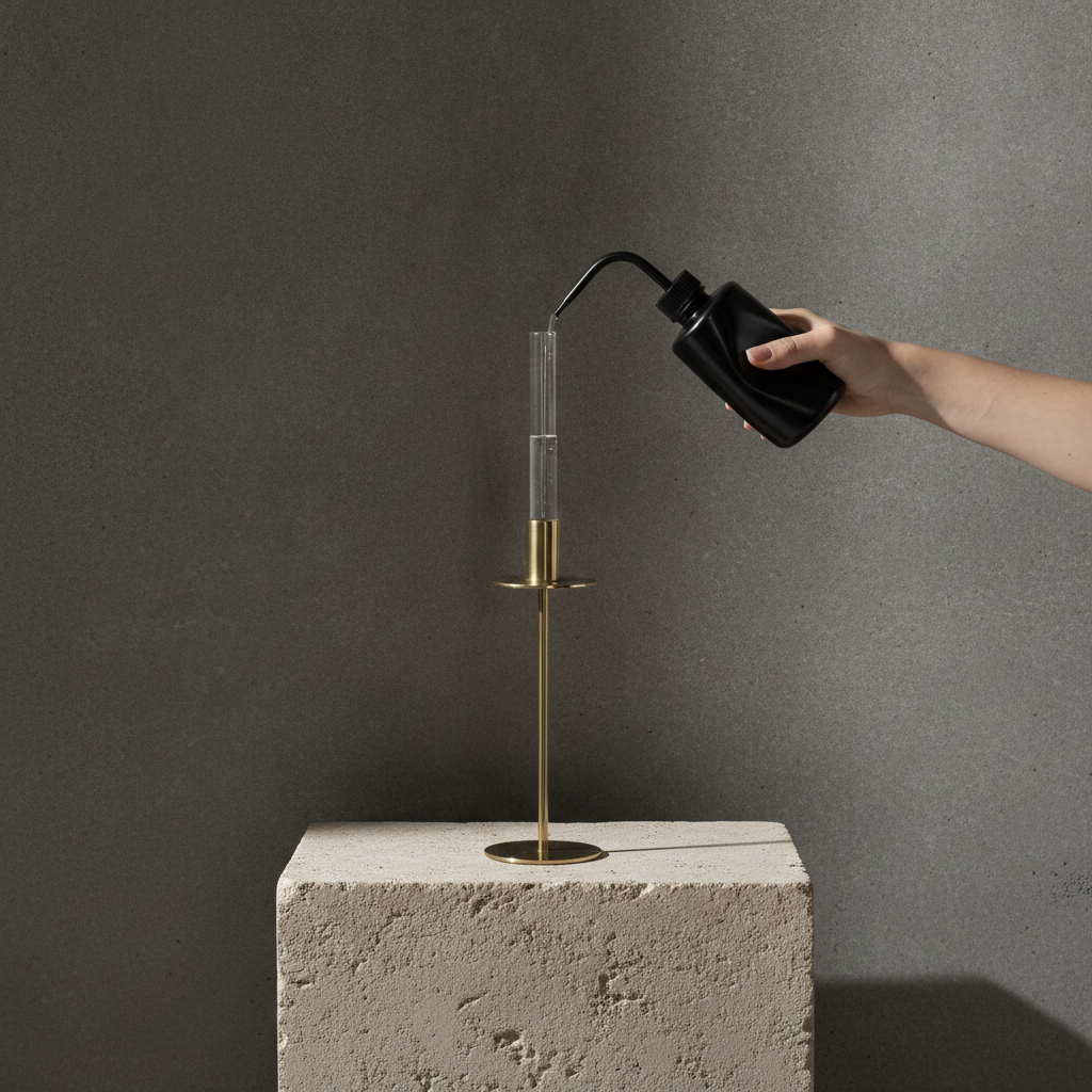 A minimalist brass candle holder with a clear glass vessel, shown on a textured stone pedestal as a hand pours water from a black bottle into the glass.