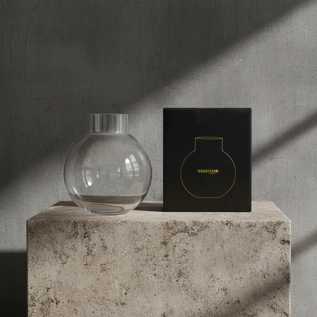 Clear glass vase on a concrete block with a black box featuring a gold logo in the background.