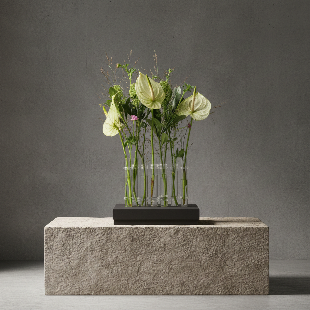 8 clear slender and flexible glass vases 'flower flute' with green leaves on a stone platform against a gray background