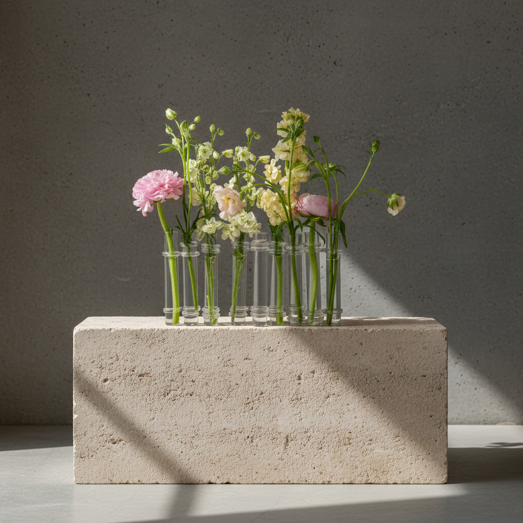 Small bouquet of flowers in clear vases on a stone block against a gray background