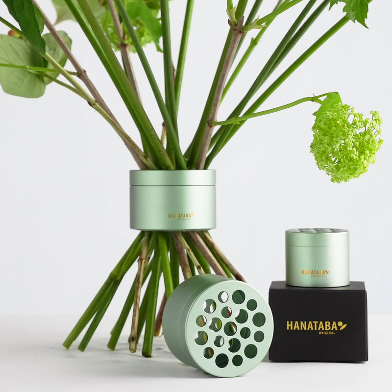 Hanataba floral arrangement tool with three cylindrical pieces, one standing up, sowing 19 holes where the stems are to be placed through in ikebana-inspired designs. Another set rests on a stylish black box labeled HANATABA. Green bouquet in front of a white background.