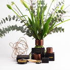 The Home Florist’s Starter Kit – Muddy Brown by Hanataba showcases an elegant bouquet in a vase with green leaves and tulips, surrounded by twisted brown bonsai aluminum wire. The kit includes Hanataba Flower Twisters in muddy brown, a 70 mm flower frog, a 34 mm flower frog, a kenzan brush, and black Hanataba packaging boxes, all beautifully arranged on a white surface.