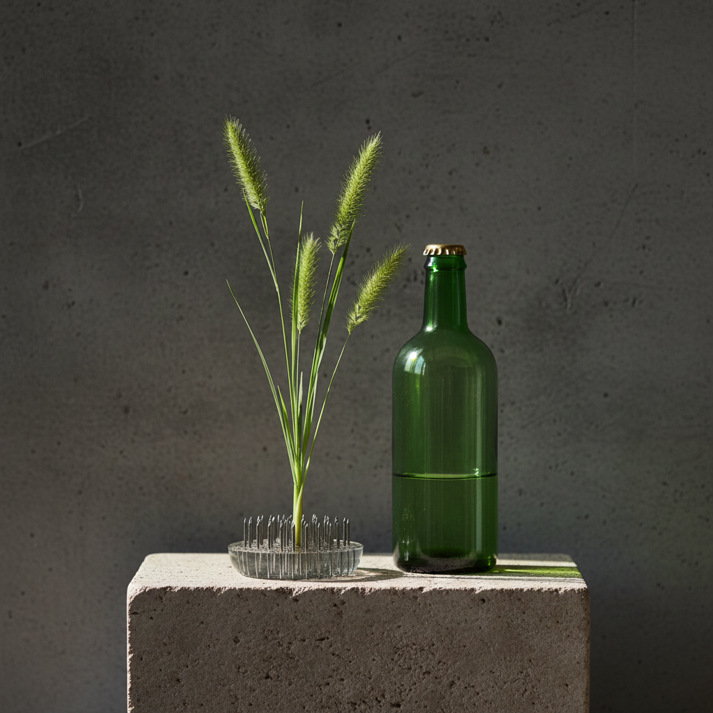 Green glass bottle and plant stuck to a hanataba kenzan 34 mm inside a glas vase standing on a concrete block with a dark gray background