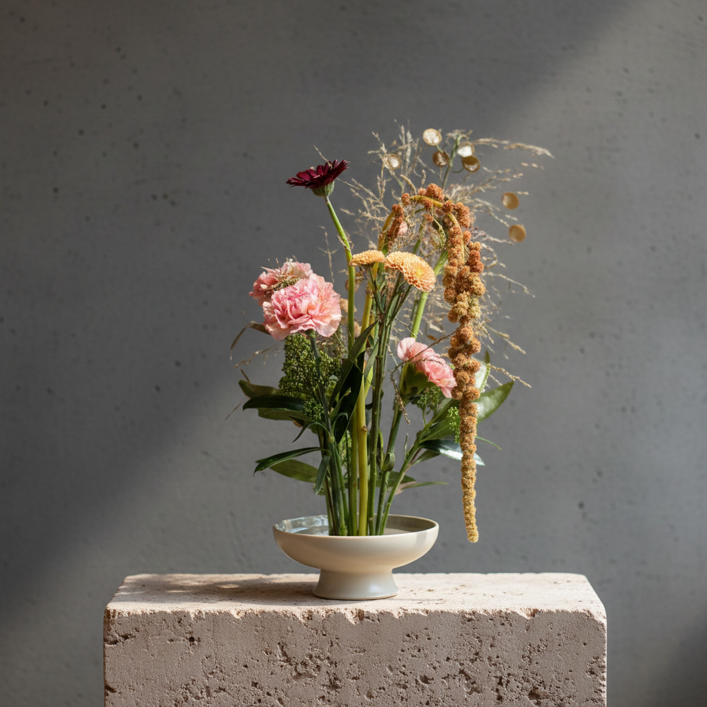Vase with flowers on a concrete block against a gray background