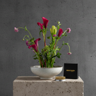 Bouquet of flowers in a white bowl next to a kenzan 70 mm ring and a black 'HANATABA' box standing on a concrete surface with a dark background