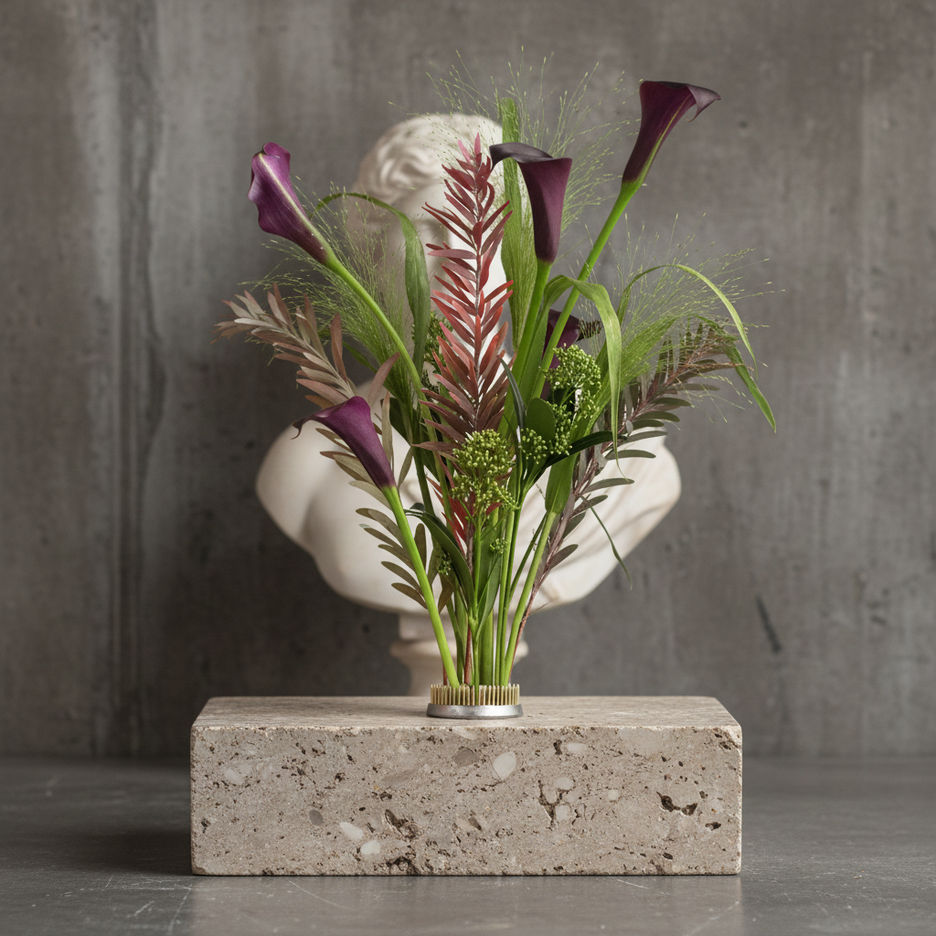 Decorative floral arrangement with purple flowers and green leaves on a kenzan ring 70 mm flower frog pin holder by Hanataba standing on a stone block against a gray background