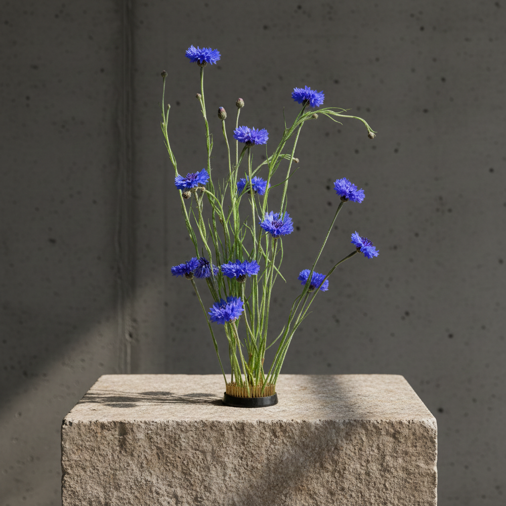 hanataba solid kenzan 70 mm with japanese inspired floral arrangement using blue flowers in ikebana-style