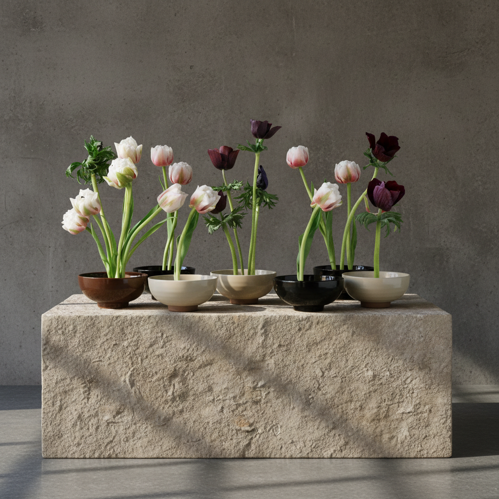Set of small ceramic kenzan pots with tulips on a stone surface against a gray wall
