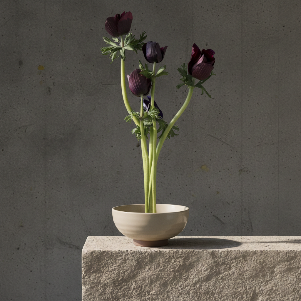 Three dark purple flowers in a beige bowl on a stone surface with a gray background