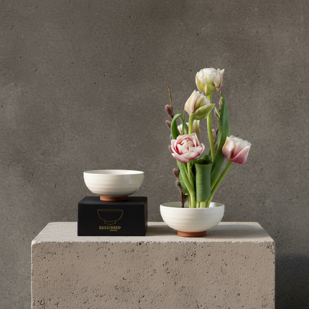 White bowl and vase with pink tulips on a concrete block against a gray background