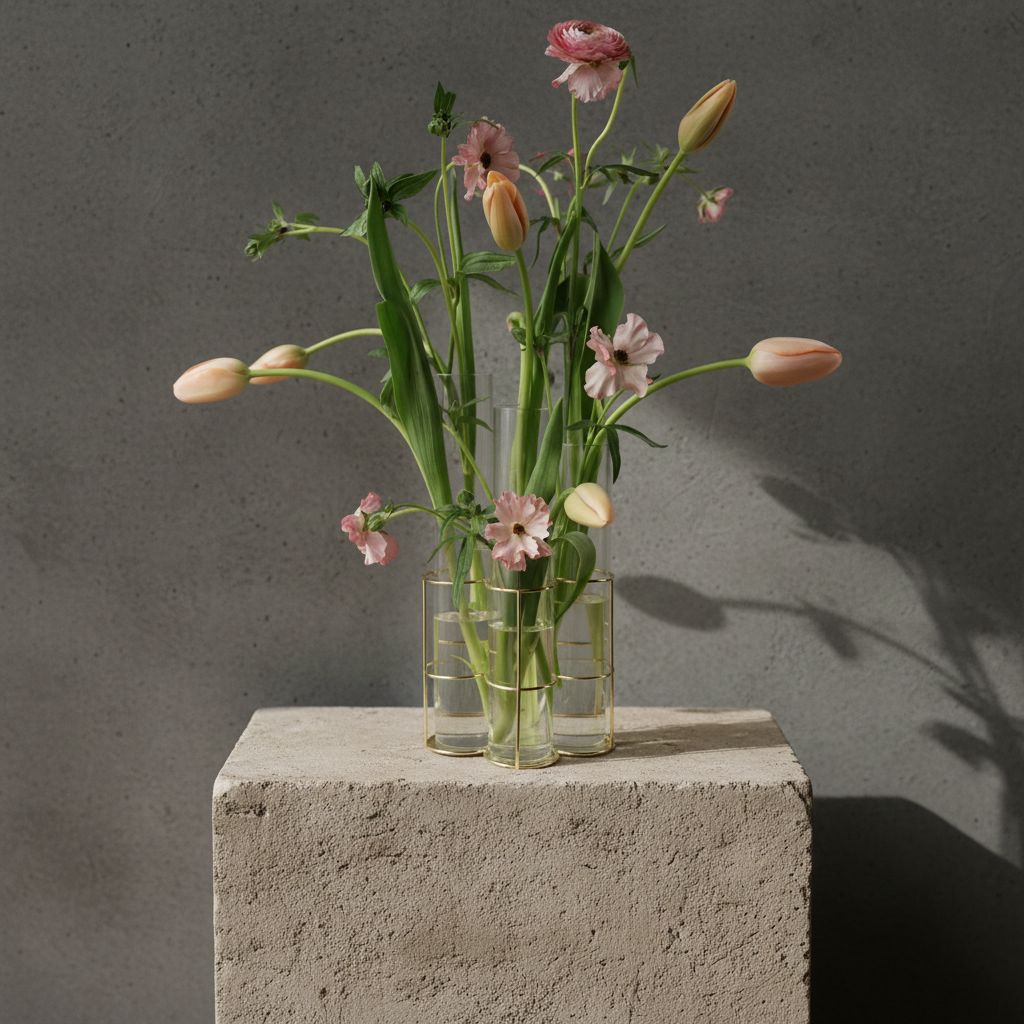 Clear glass vase with flowers on a concrete block against a gray background