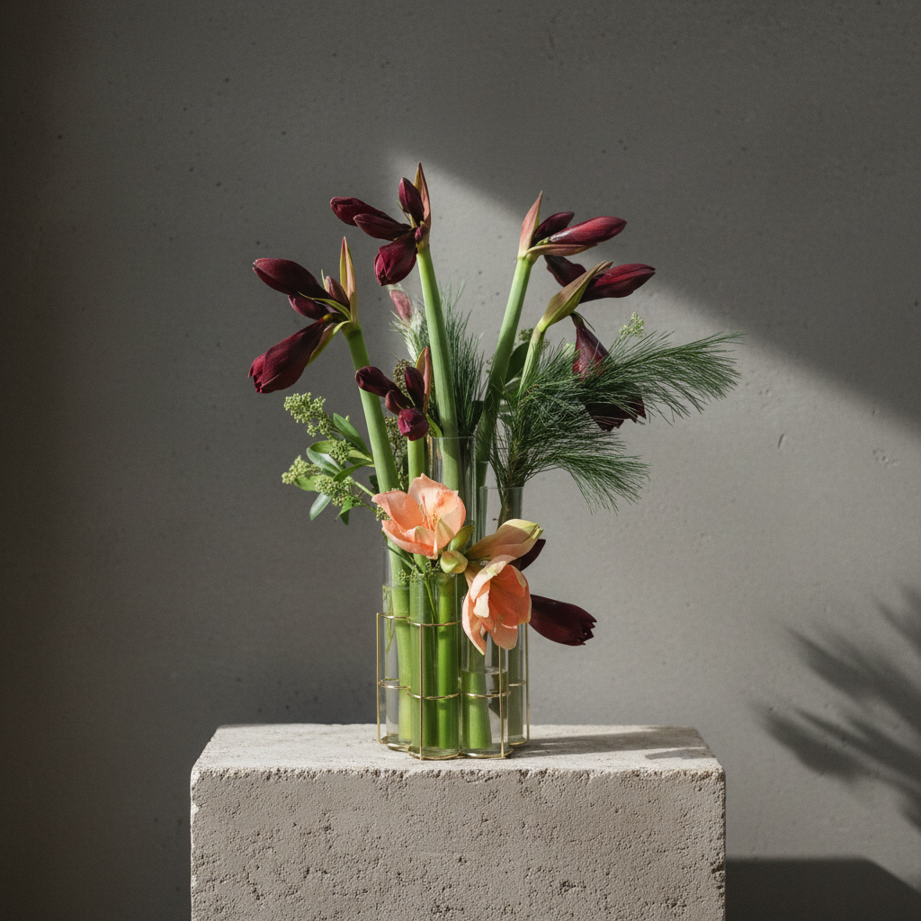 Lisign MILANO Vase with flowers on a gray surface against a dark background