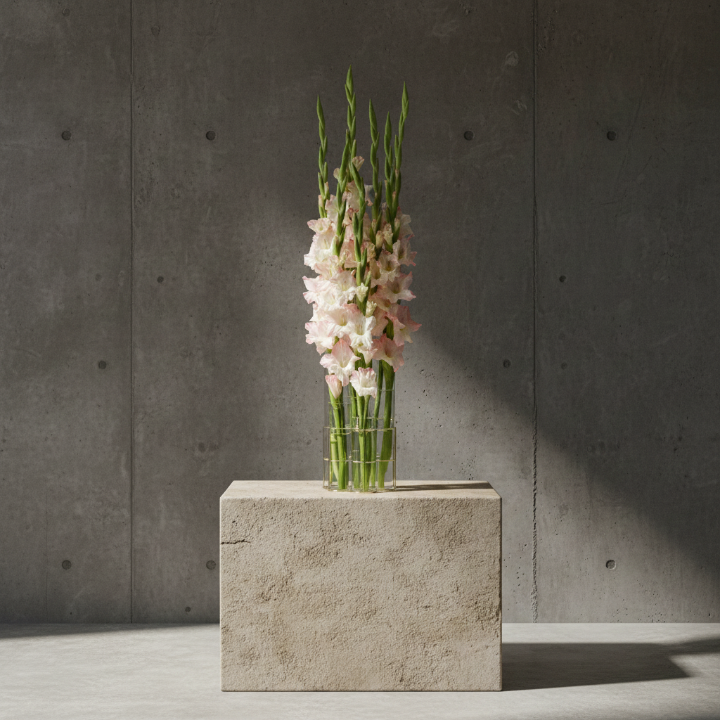 Clear Lisign MILANO vase with pink flowers on a concrete block against a gray concrete wall