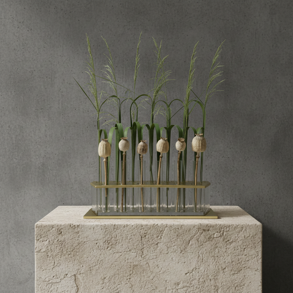 Decorative arrangement of plants in glass tubes on a stone pedestal against a gray background