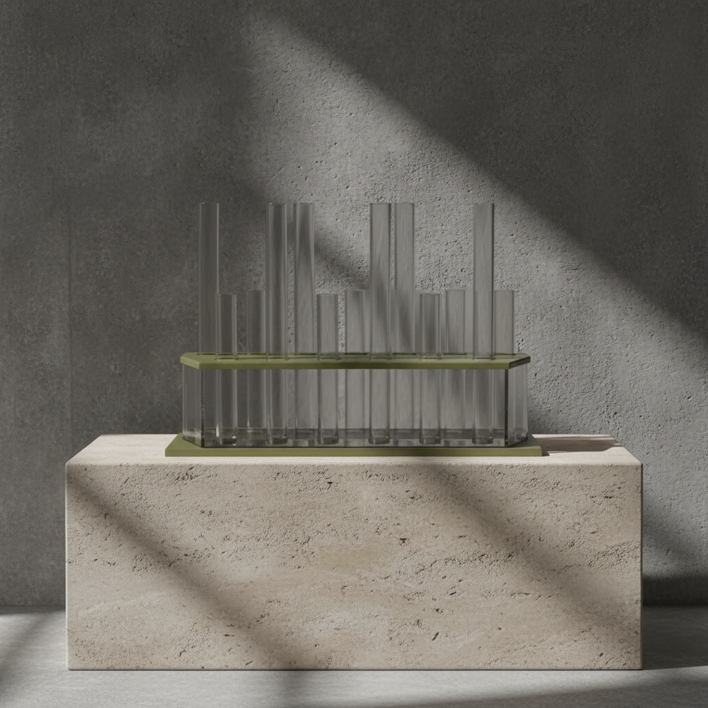 Modern fireplace with glass front and concrete base against a gray wall
