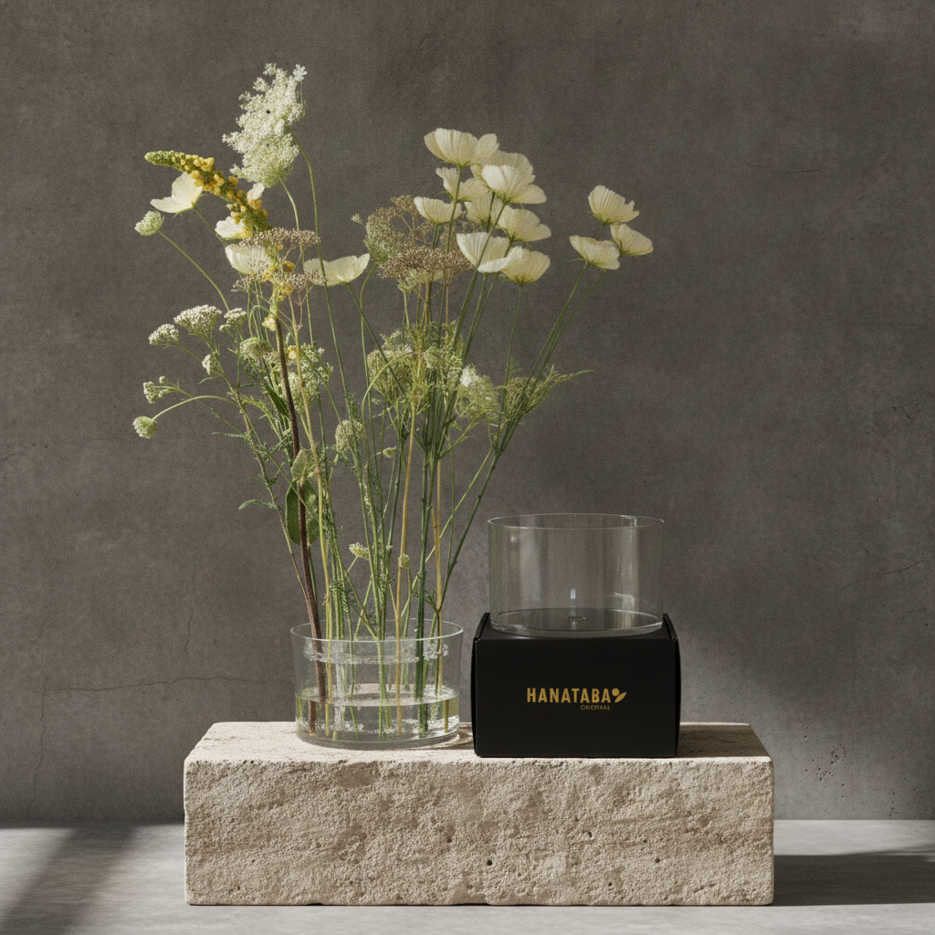 A Hanataba glass flower vase with a clear cylindrical body and a black square base printed with the brand name in gold, styled beside a clear glass vase with dried white and yellow wildflowers on a stone block against a textured gray wall.