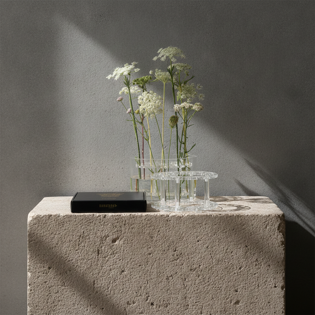 Clear acrylic flower vases with white flowers, displayed on a textured stone block next to a black box with gold lettering against a gray wall with dramatic shadows.