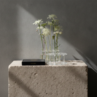 Clear acrylic flower vases with white flowers, displayed on a textured stone block next to a black box with gold lettering against a gray wall with dramatic shadows.