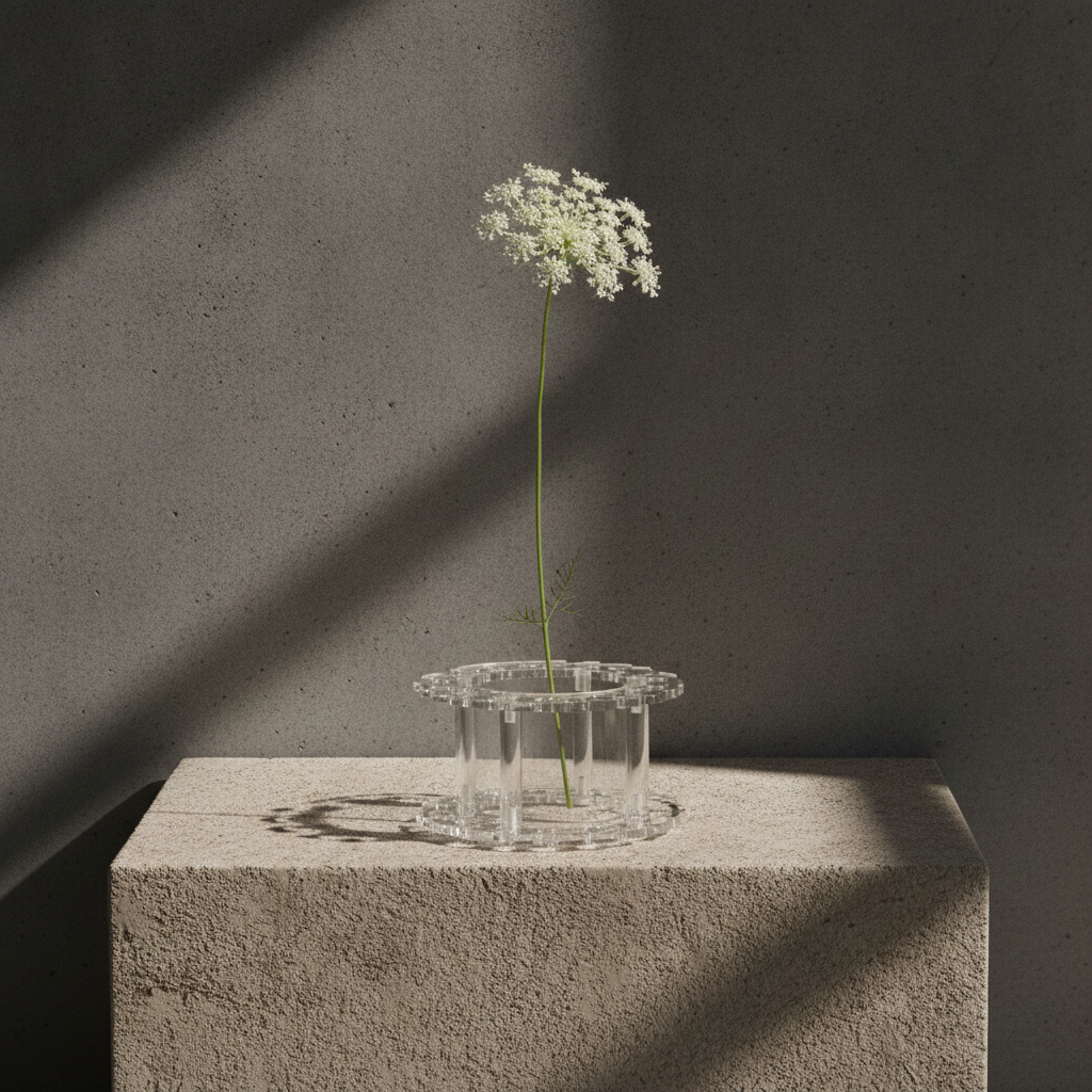 A clear glass vase holding a single white flower stem, placed on a rough stone pedestal against a dark textured wall with dramatic diagonal shadows.
