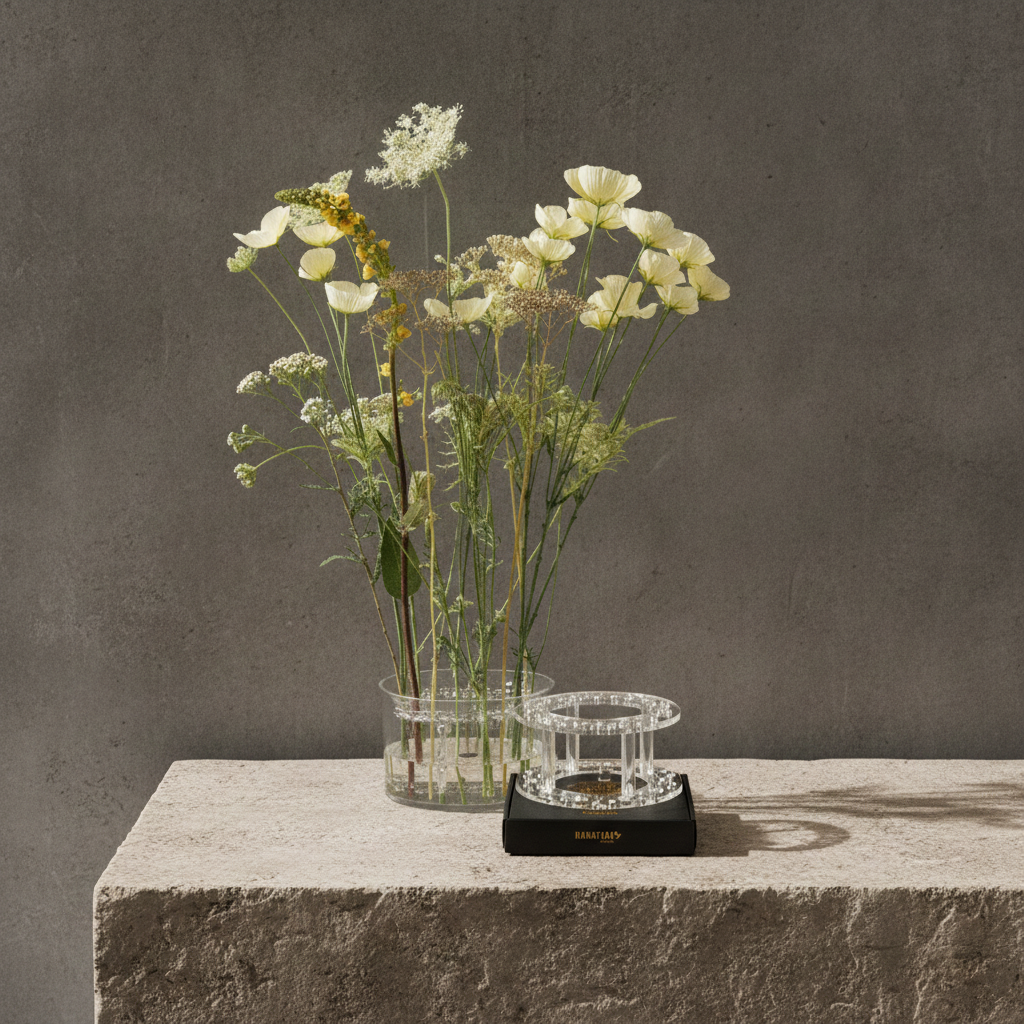A clear glass flower vase with a matching clear glass cut flower stem holder on a black base, styled with white and yellow wildflowers. The vase and holder are set on a textured stone block against a dark gray concrete wall.