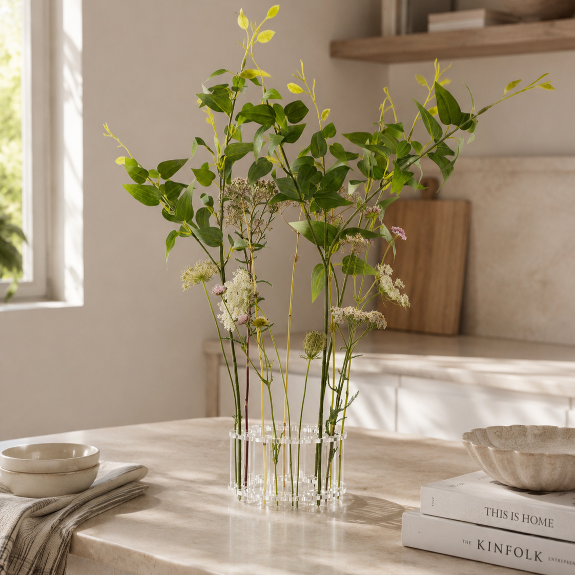 A clear glass vase with a circular base and open top, filled with green stems, small white flowers, and a few pink blossoms, placed on a light stone countertop in a bright kitchen setting.
