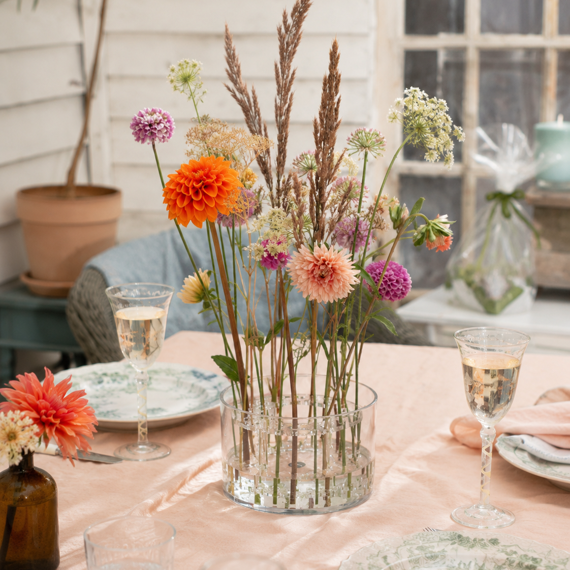 A dried and wildflower arrangement in a clear glass round vase, styled on a blush pink tablecloth with place settings and champagne glasses in a bright, sunlit room.