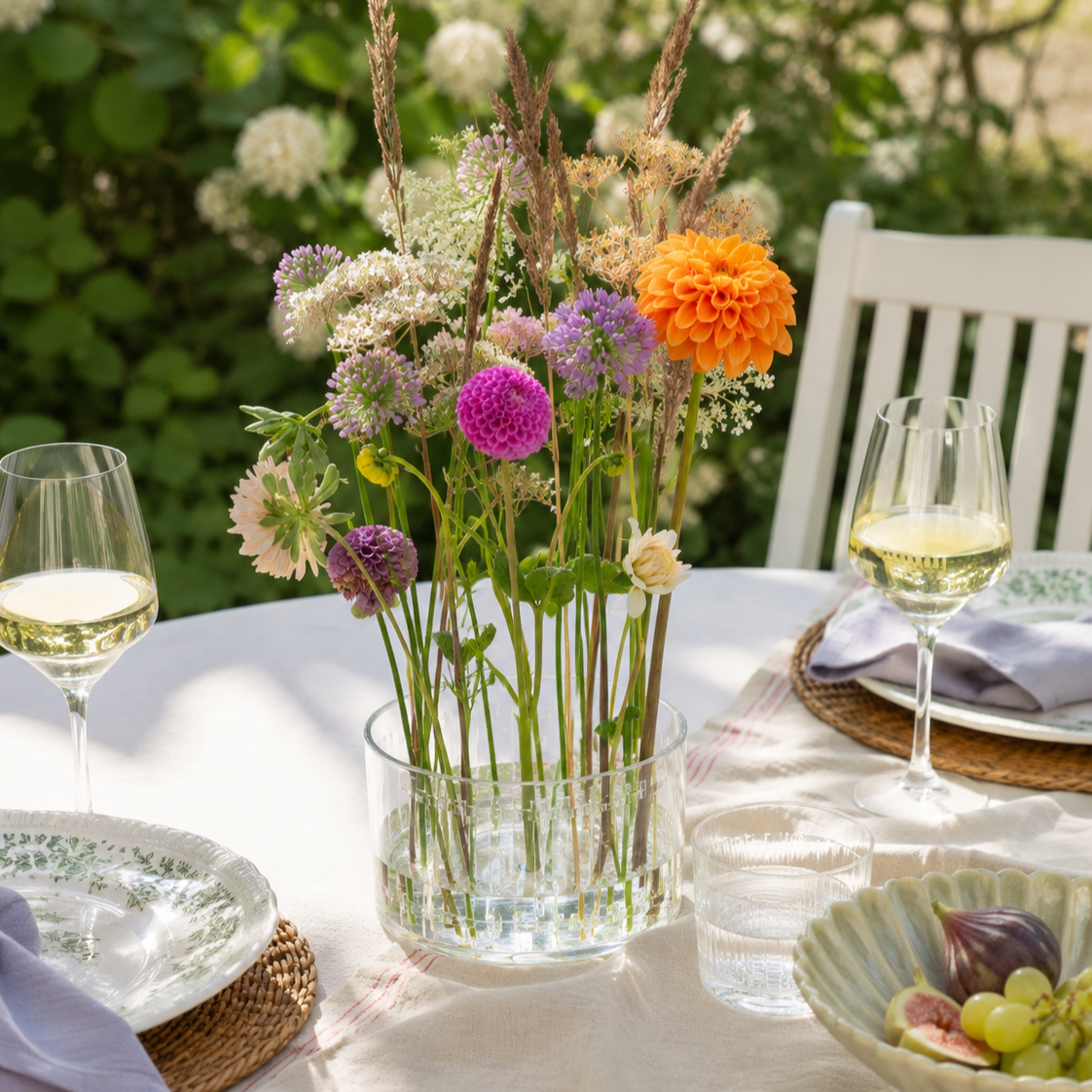 A clear glass vase filled with a mixed wildflower arrangement in a dining table setting outdoors. The bouquet includes orange, purple, pink, white, and beige flowers with green stems, set on a white tablecloth beside wine glasses, plates, and a bowl of fruit, with a white chair and green garden foliage in the background.