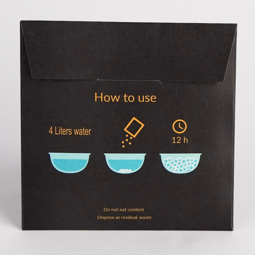 Black packaging with instructions on how to use waterbubbles, showing water and time requirements.