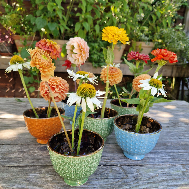 Various dahlias and echinacea flowers in textured ceramic pots, each anchored with a 34mm Kenzan ring.